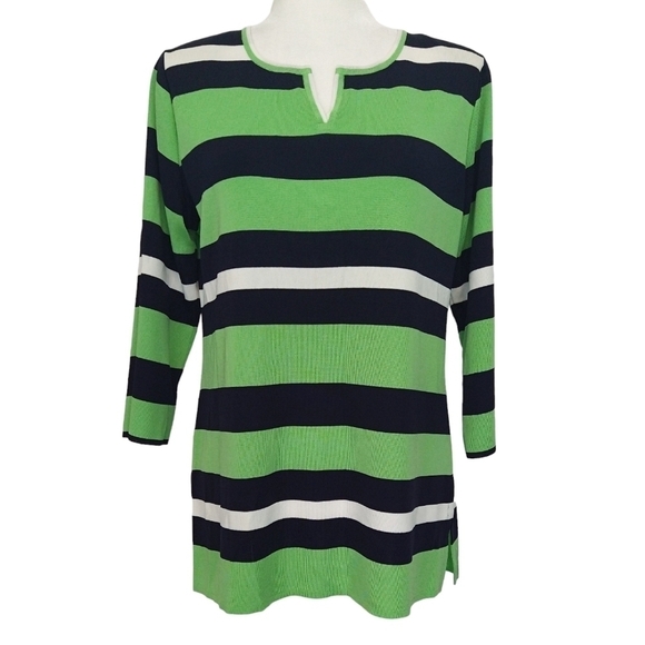 Exclusively Misook Green Black White Striped 3/4 Sleeve Split Neck Top Modest - Picture 1 of 7